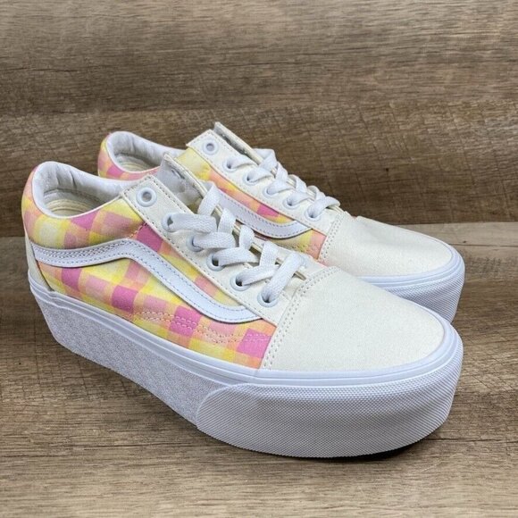 VANS Old Skool Stackform Platform Pastel Picnic Pink Plaid Shoes Womens 7.5 NEW